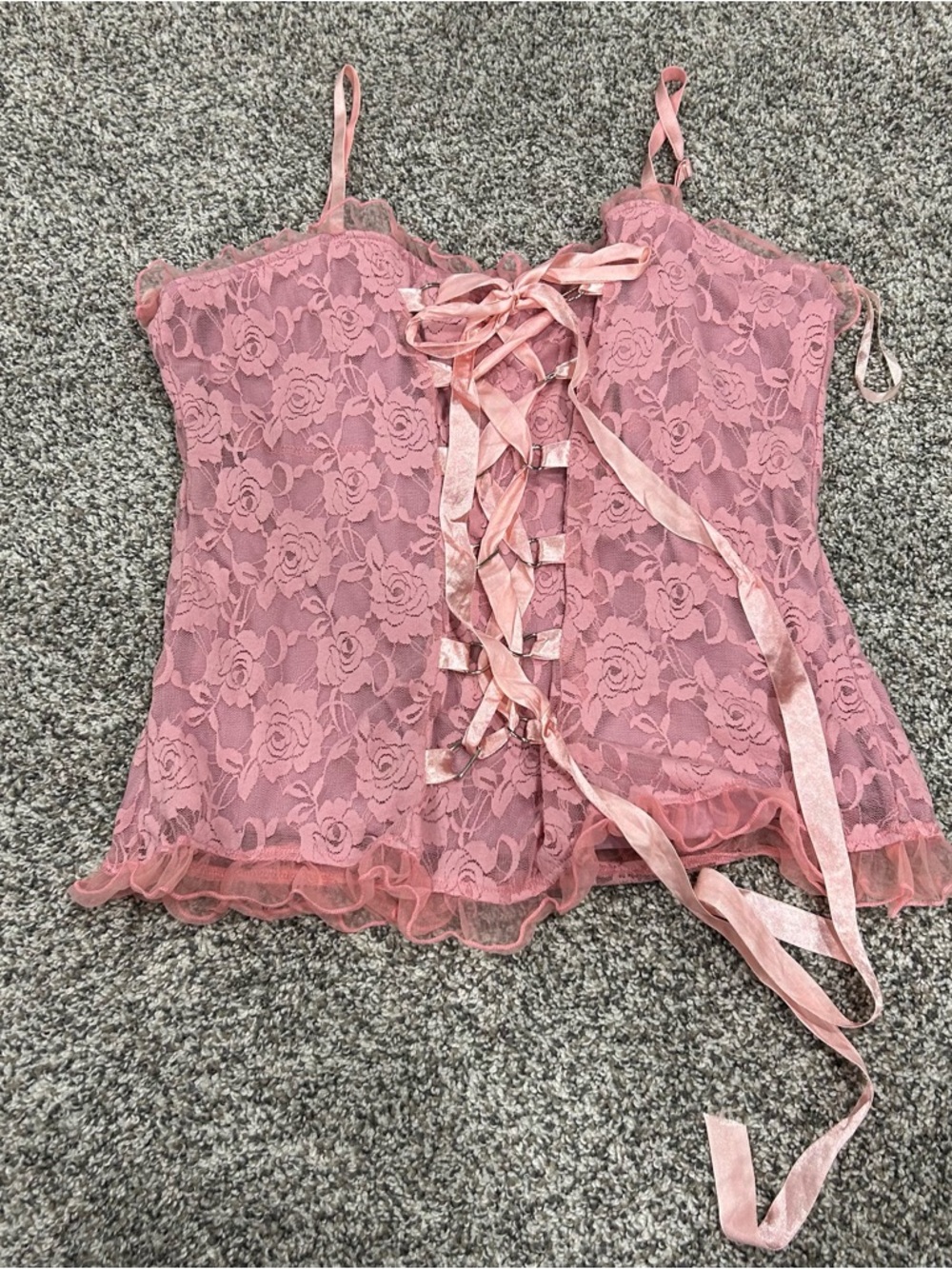 Oh Yes Plus Pink Lace Lined Femme XXL Cami Top Ribbon Tie Coquette Tank Y2K